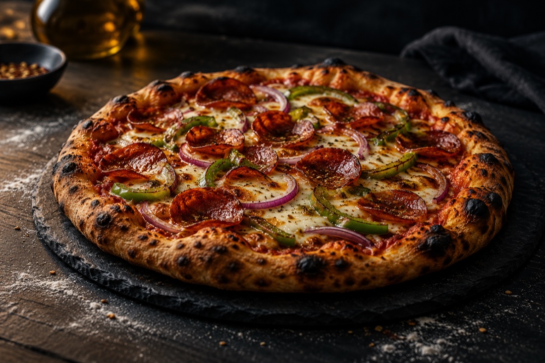 Whole pizza with pepperoni, onion and green pepper